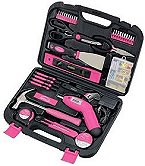 Think "the pink tool kit" as the perfect gift!! This 135-piece pink household tool kit contains all the tools needed for most small repairs around the home. It includes a 4.8-volt cordless screwdriver, also a one hundred fastener set, 18mm utility knife, ten 1-inch bits, CRV (1/8-inch , 5/32-inch, 3/16-inch 1/4-inch, PH1, PH2, PH3, PZ1, PZ2, PZ3), ten 1-inch bits-CRV (T10, T15, T25, T27, T30, 1/8-inch, 5/32-inch, 3/16-inch, 1/4-inch), 8-inch scissors, 8oz claw hammer, four screwdrivers (Phillips No. 1, No. 0, slotted 2.4mm, 3.0 mm) UL electrical tape, 6-inch long nose pliers, 9-inch plastic magnetic level, 12-foot 5/8-inch measuring tape, 6-inch adjustable wrench, with UL recharger, 2-inch putty knife. Tools are constructed of 45C carbon steel or chrome vanadium steel, heat treated and chrome plated where appropriate to resist corrosion. The pink tool handles are made of double dipped plastics and the tool cases are made of extra heavy duty materials. Pink Tools meet or exceed critical ANSI standards. Each pink tool is tested against industry standards for hardness, torque, finish and usability and should last a lifetime under normal use. Tools are held securely in a sturdy, handy blow molded case. Perfect pink tools for most occasions--think mom, grandma, birthdays, housewarming, the possibilities are endless. These quality tools cover a variety of uses at a competitive price. Great for household repairs! Road side tools specifically for car, boat or RV. And there are sets for crafting, hobbies, and gardening. Our tools are heat treated and chrome plated to resist corrosion. 