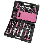 Think "the pink garden tool kit" as the perfect gift!! The 18 piece garden tool set contains useful tools for all your gardening needs. Includes pruning shears, soft grip hose nozzles, quick hose connects and water splitter/controler. The knee pad is convenient and comfortable for weeding and planting. Tools are contained in a sturdy blow molded carrying case