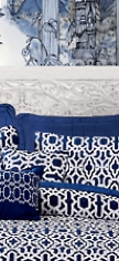 white arabesq royal blue design quilt set  Hand carved headboard white   