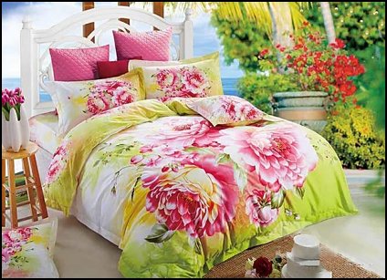 3D Pink Peony Prined Cotton Pastoral Style 4-Piece Bedding 