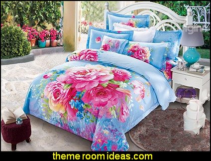 Bright Peonies bedding Bright Peonies duvet sets  3D Blooming Peonies Printed Cotton 4-Piece Blue/Pink Bedding Sets