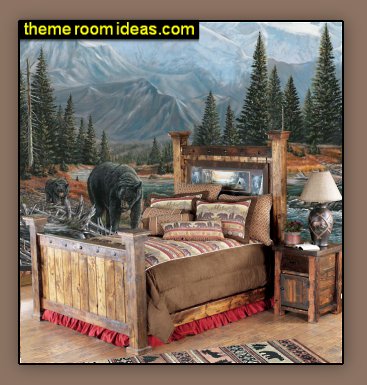 lodge style bedroom ideas cabin-style bedroom Rustic Style Bedroom  cabin style bed  lodge themed bedding  rustic home decor  camping northwoods mural wilderness murals  Lumberjack plaid bedding  cabin themed bedroom ideas 