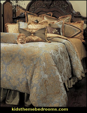 Elizabeth Comforter Set by Michael Amini - beautify slate blue and golden browns in a perfect paringof pattern and texture. The chenille damask and smoke blue/Goldframe pattern is made of rayon and polyester. The comforterreverses to a solid gold tone damask frame. The striped bed skirthas a 21" drop and is incorporated into the top of the bed euroshams and decorative pillows. Paisley and embroidered gold fabricson the pillows and shams are featured accents.