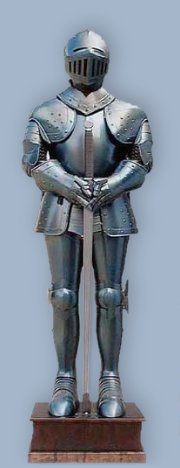 Medieval Suit of Armor  - Italian armour has been highly sought after throughout the centuries by Knights and Nobility in Europe. Our superb reproduction of Medieval Armour is crafted in the styling tradition of those master craftsmen who created the origina for kings and their soldiers. This suit of wearable articulated armour has a highly desired blued plate finish duplicating the appearance of the medieval originals that can be seen today in museum collections around the world. This exquisitely crafted blued steel armour stands about 6-1/2 foot tall on a quality wood base. Complete with sword and stand.