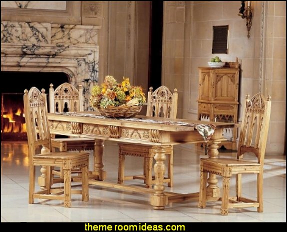 The Sudbury Solid Pine Dining Table  -  Modeled after English cathedral architecture, it is rare to find such spirited Gothic design in a lighter-toned wood like this hand-waxed rich golden pine, gently distressed to appear aged. 