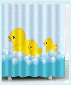 Yellow Duck Taking Bath Shower Curtain Mother Duck with Her Little Ones Bubbles for Kids Baby Bathroom Decor
