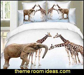 Beauty Nature of Giraffes and Elephants Walking on the River Print Duvet Cover Se  african safari bedroom decor