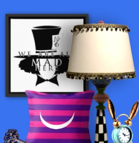 Alice in Wonderland wall art  Mad Hatter Framed Canvas  Rabbit ear clock  Whimsical Painted Floor Lamp  Cheshire Cat Pillow  Cheshire Cat bedding   Vintage Skeleton keys  Storybook themes, quirky furniture, alice in wonderland keys  Alice in Wonderland Kids Room Decor