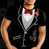 All Occasion Formal Tuxedo T-Shirt. This is our classiest most "formal" Tuxedo T-Shirt to date! The details of the print really give the illusion of wearing an actual tuxedo! This Tuxedo t-shirt emulates a full Tuxedo ensemble including Ribbed white dress shirt, striped mesh vest with a red bowtie, rose corsage and full double breasted Tuxedo Jacket with buttons and pockets all built in to the print. The tuxedo print in set high on the shirt to replicate the actual position of the bowtie and collars of a real tuxedo. From a distance you would never be able to tell its a t-shirt! 