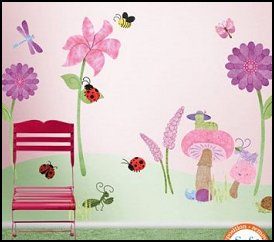Bugs and Flowers Wall Stickers Floral Theme Wall Decals for Girls Room - he buggy and beautiful wall sticker kit for your girl's room is ultra easy to apply. Just peel and stick and you'll have an instant gorgeous floral theme girl's room, full of enormous flower wall stickers and charming bugs. This floral garden wall sticker kit is perfect for girls of every age, from babies to adults, and looks as if it were made from handmade paper. Our wall stickers are made from SafeCling, an innovative fabric adhesive material that can be repositioned, layered, won't stretch or tear, and leaves no residue when removed from the walls. This bugs and flower garden mural sticker kit contains: 5 giant flower wall stickers, 2 mushroom wall sticker, 3 ladybug wall sticker, lady caterpillar wall sticker, gentleman caterpillar wall sticker, praying mantis wall sticker, grasshopper wall sticker, dragonfly wall sticker, rhino beetle wall sticker, snail wall sticker, bee wall sticker, butterfly wall sticker and 22 various grass blade wall stickers. Very easy. Very cute. 