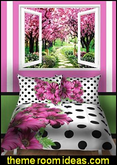 Magenta Daisy Flowers Polka Dot bedding  -  Garden window wall mural 