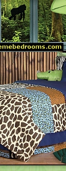 One Grace Place Jazzie Jungle Boy bedding  Window Looking Out Into a Green Jungle  Comforter front is a patchwork design using all the collections fun animal fabrics, cheetah blue, giraffe, cheetah and zebra. Opposite side designed in solid navy throughout. Bed skirt is designed with navy cotton fabric and trimmed in all the animal prints available in this collection. Jazzie jungle standard flanged sham is designed using our zebra fabric and framed in the collections green. Both cotton print fabrics. 