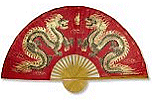 Hand made Thai Kymer style dyed raw silk, split slat fan, with bold, colorful handpainted folk art designs as shown- choose 40" or 60" size, in "Black Dragons", "Wisdom Peackocks", or "Red Night" design, with convenient silk loops on back of fan for easy wall mounting, packed carefully closed & stored in cellophane sleeve for safe shipping- exceptional value, less than the price of smaller prints, wonderful hand crafted gift
