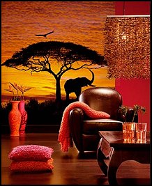 Safari Bedroom Decor Ideas - Expand your horizons and beautify your living space. Printed on heavyweight billboard stock, this attractive Photo Wall Mural is easy to install. Comes with a packet of wallpaper paste included. Can either be pasted to the wall or, more easily, hung like posters. Add that feeling of spave and color....put a mural on your accent wall. Comes in four panels. Decorate a Room with a Safari Theme. jungle-themed decorating ideas. A sunset scene of charming giraffes and acacia trees create a calming view in the african safari bedroom.