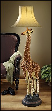Giraffe lamp. At over five feet tall, our statuesque giraffe stretches to create a sculptural floor lamp seemingly fresh from an African safari! Replete with lifelike detail from gentle eyes to pert ears, our Basil Street exclusive quality designer resin animal statue is a scaled, 360-degree sculpt hand-painted in natural tones and crowned with a faux leather shade to cast the warm glow of Africa throughout your exotic decor.