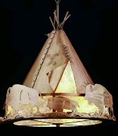 A Native American Teepee Is Surrounded By Heard Of Buffalo On This Unique Pendant. The Fixture Is Finished In Antique Copper, Has Silver Mica Panels, And Is Handcrafted