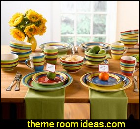 Santa Fe Hand-Painted Striped Stoneware Dinnerware - 16-piece Santa Fe Hand-Painted Striped Stoneware Dinnerware lets color live in style that's unique and creative. This matching set with green, blue, red, and yellow stripes will liven up your kitchen countertop and dinning table with a touch of southwestern flair at a great value. Complete the Santa Fe collection with matching flatware, canisters and much more